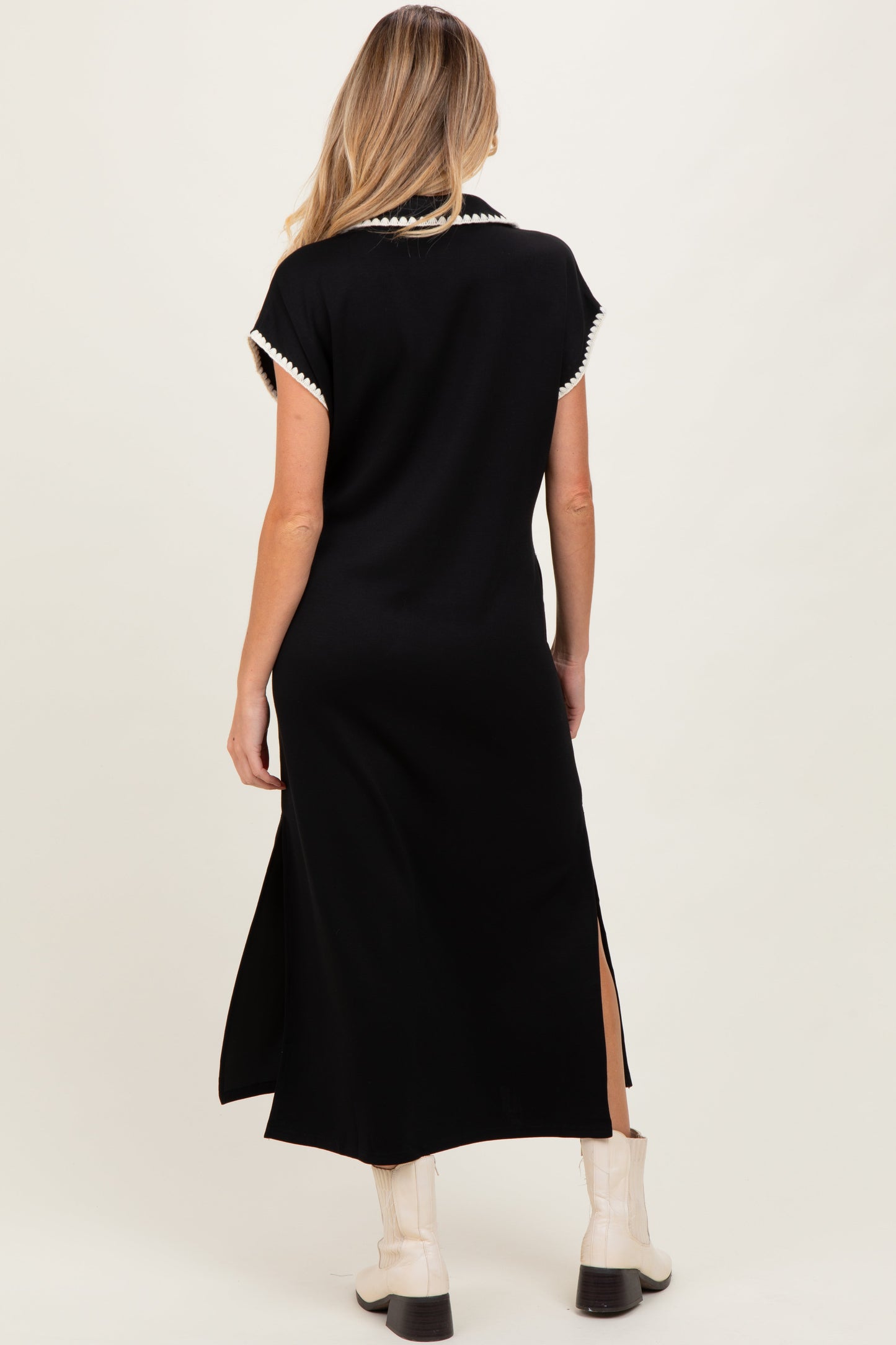Black Collared Stitch Detail Short Sleeve Maternity Midi Dress
