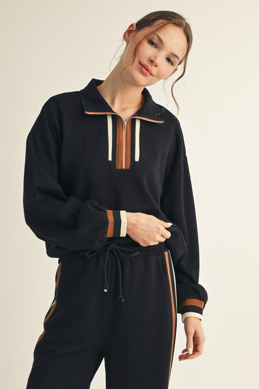 Black Contrast Trim Half Zip Sweatshirt