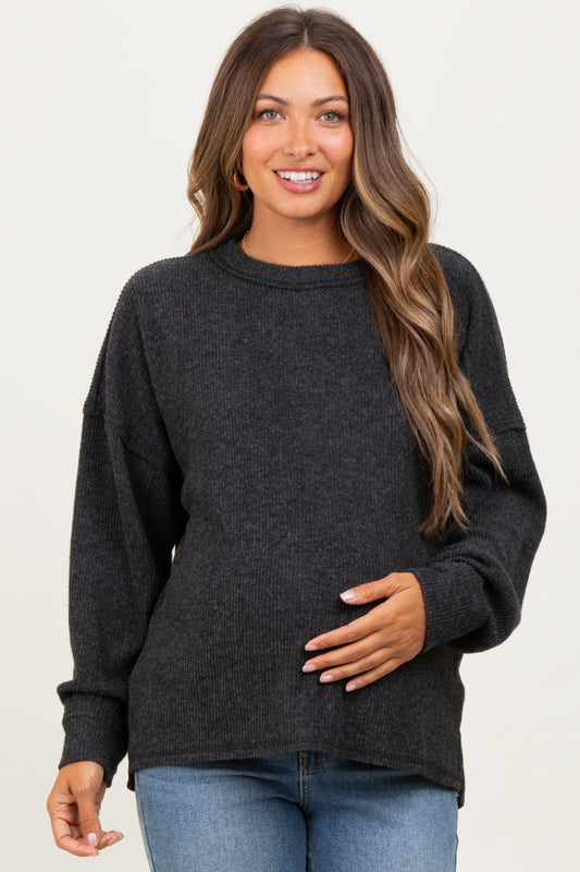 Black Brushed Ribbed Knit Maternity Pullover