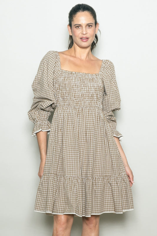 Beige Vintage Checked Plaid Square-Neck Dress