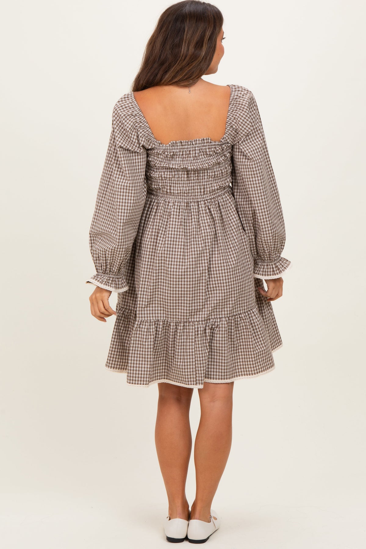 Beige Vintage Checked Plaid Square-Neck Maternity Dress