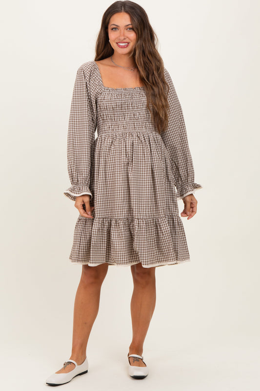 Beige Vintage Checked Plaid Square-Neck Maternity Dress