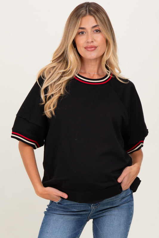 Black Contrast Trim Short Sleeve Maternity Pullover
