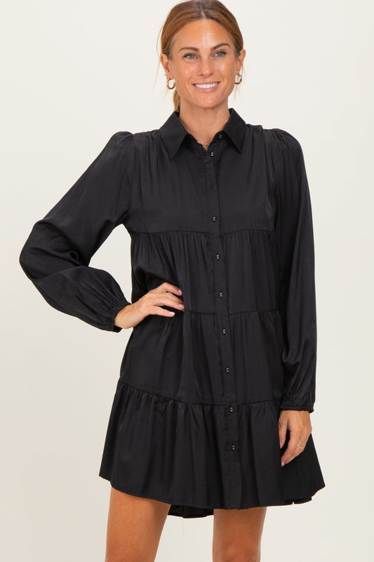 Black Balloon Sleeve Tiered Shirt Dress