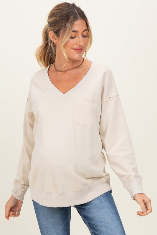 Beige V-Neck Long Sleeve Maternity Pullover Top