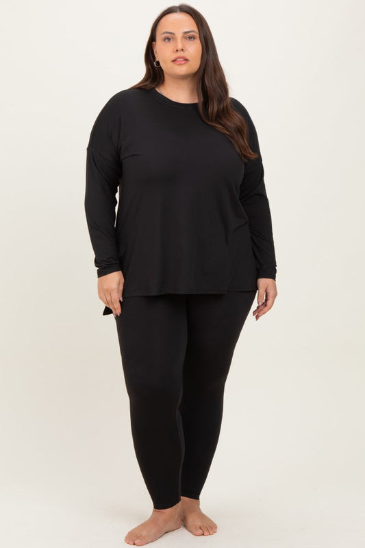 Black Brushed Knit Oversized Top and Legging Plus Set