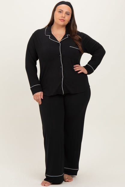 Black Button Down Top Wide Leg Pant Plus Pajama Set