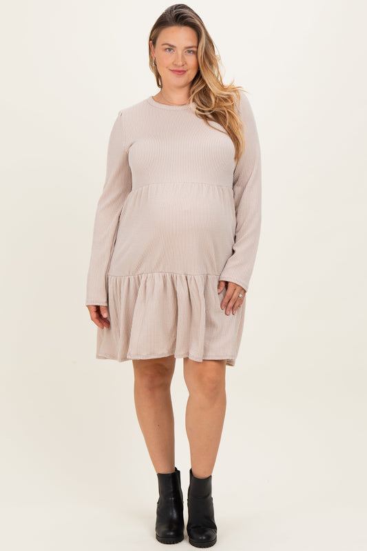 Beige Textured Rib Tiered Long Sleeve Maternity Plus Dress