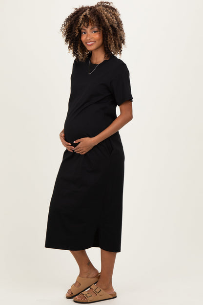 Black Cotton T-Shirt Maternity Midi Dress
