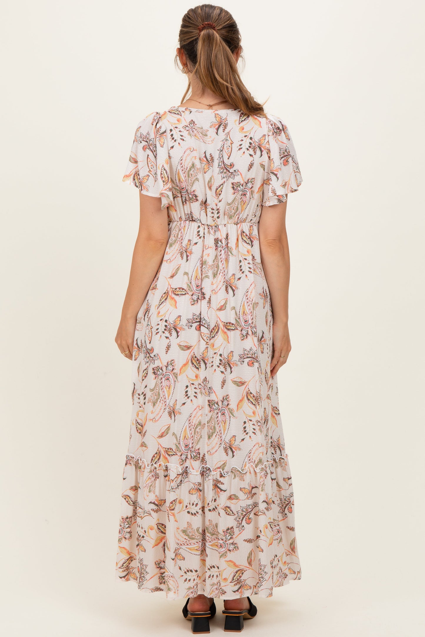 Beige Vintage Floral Short Sleeve V-Neck Tiered Maternity Maxi Dress