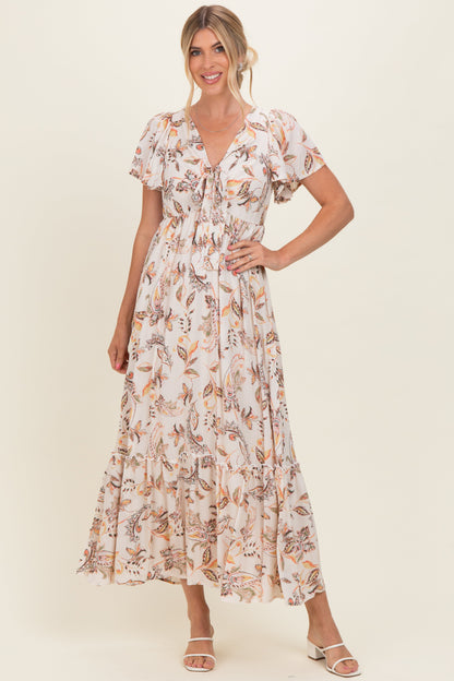 Beige Vintage Floral Short Sleeve V-Neck Tiered Maternity Maxi Dress