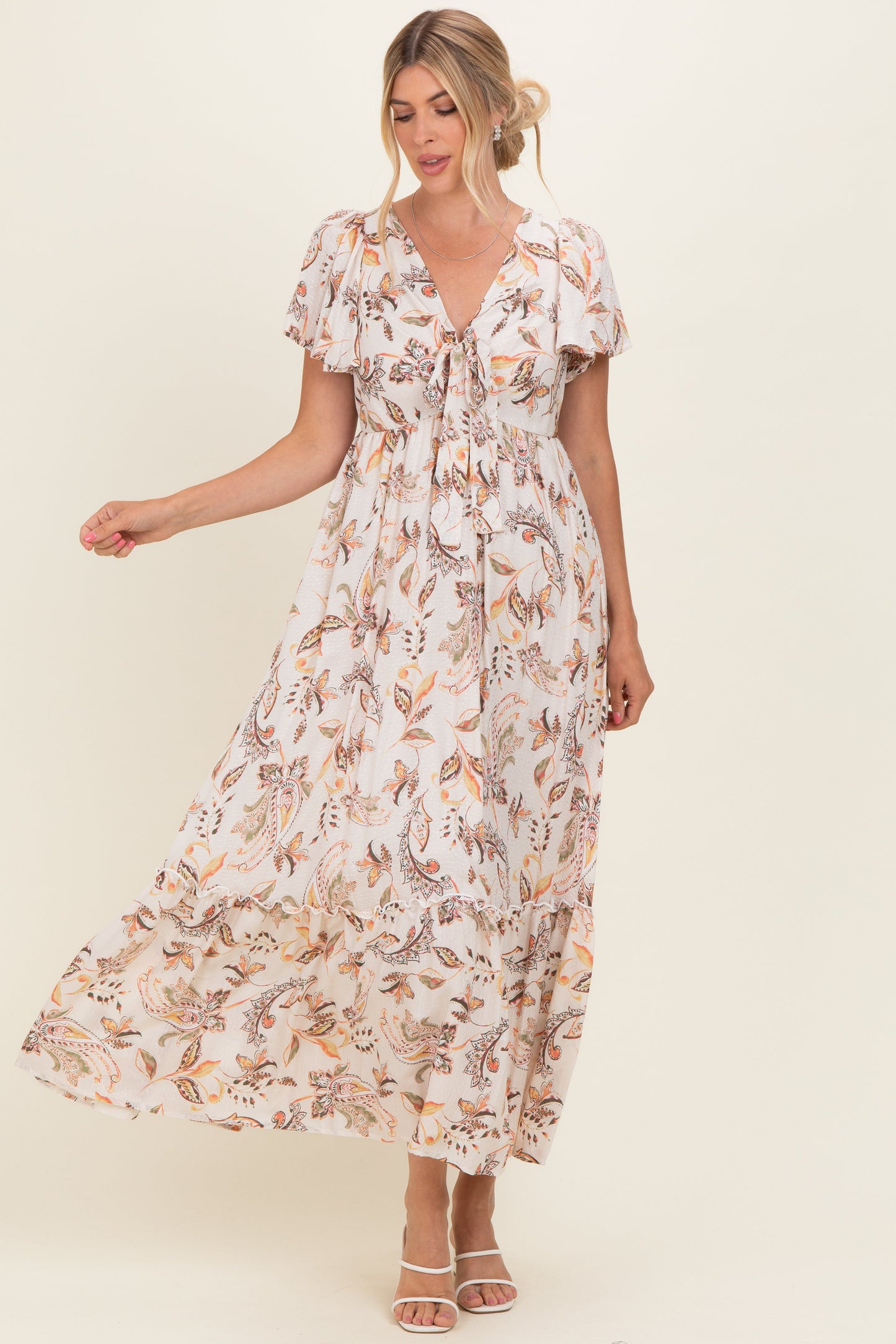 Beige Vintage Floral Short Sleeve V-Neck Tiered Maxi Dress