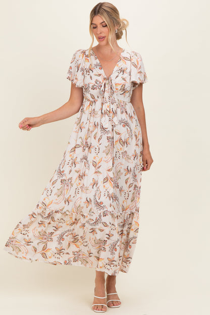 Beige Vintage Floral Short Sleeve V-Neck Tiered Maxi Dress