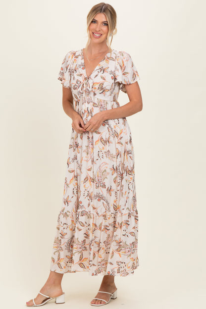 Beige Vintage Floral Short Sleeve V-Neck Tiered Maxi Dress