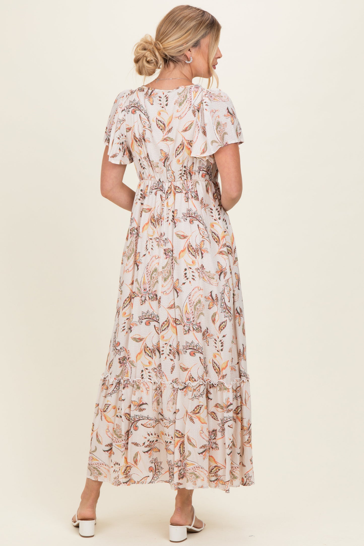 Beige Vintage Floral Short Sleeve V-Neck Tiered Maxi Dress