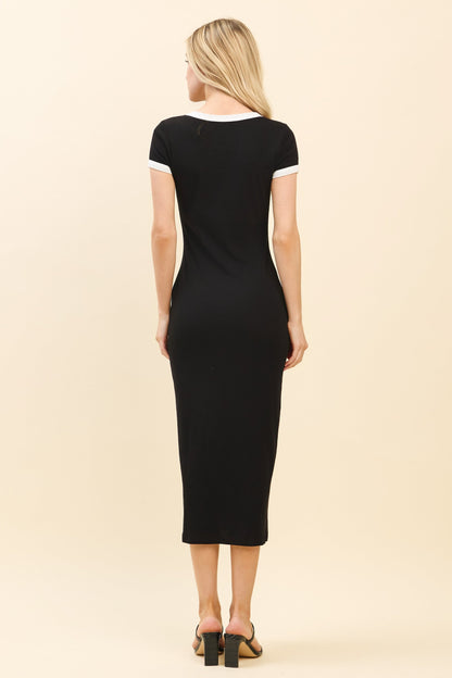 Black Colorblock Trim Midi Dress