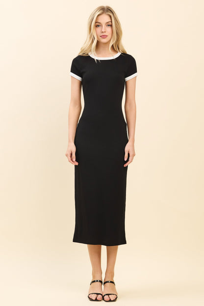 Black Colorblock Trim Midi Dress