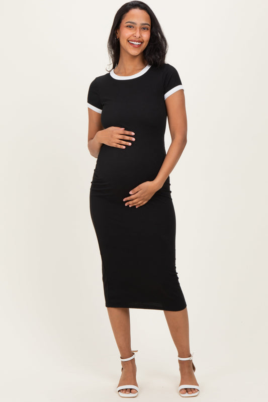 Black Colorblock Trim Maternity Midi Dress