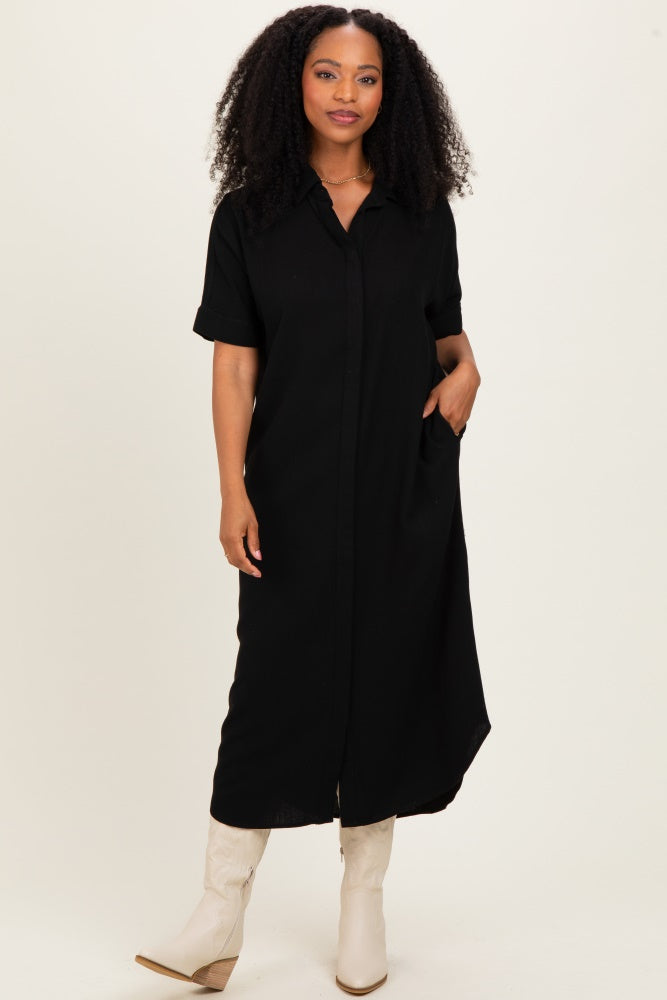 Black Button Down Midi Shirt Dress