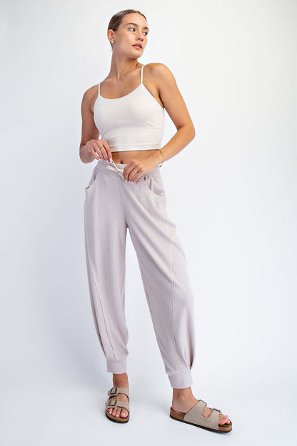 Beige Waffle Knit Raw Seam Joggers