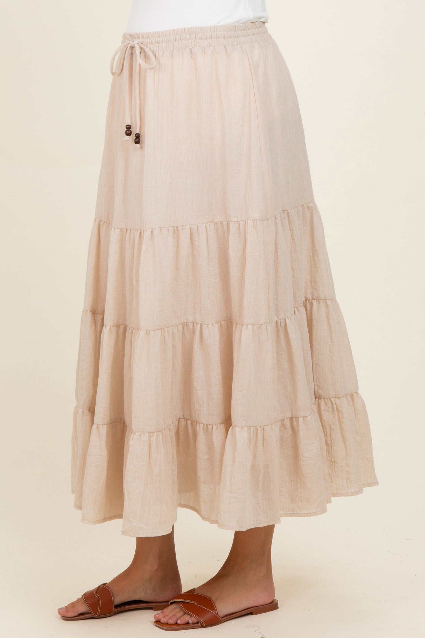 Beige Tiered Drawstring Maternity Maxi Skirt