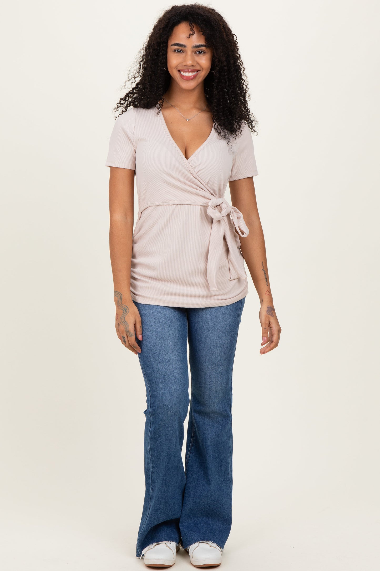 Beige Wrap Front Tie Maternity/Nursing Top