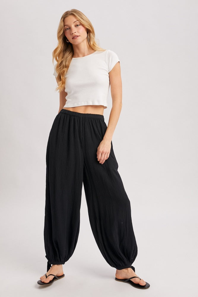 Black Cotton Gauze Tie Hem Pants