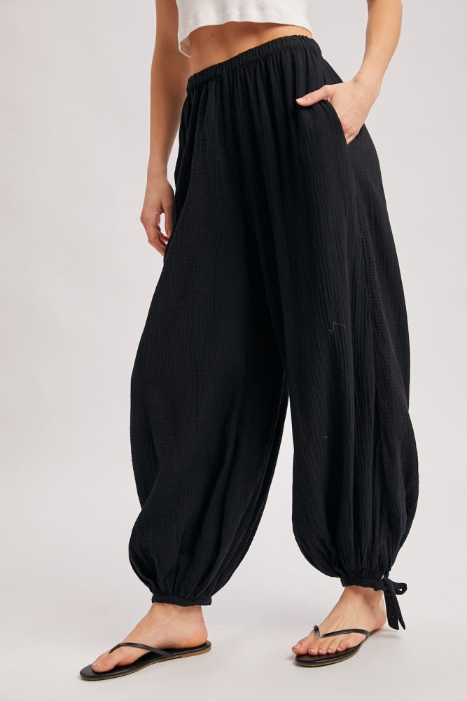 Black Cotton Gauze Tie Hem Pants