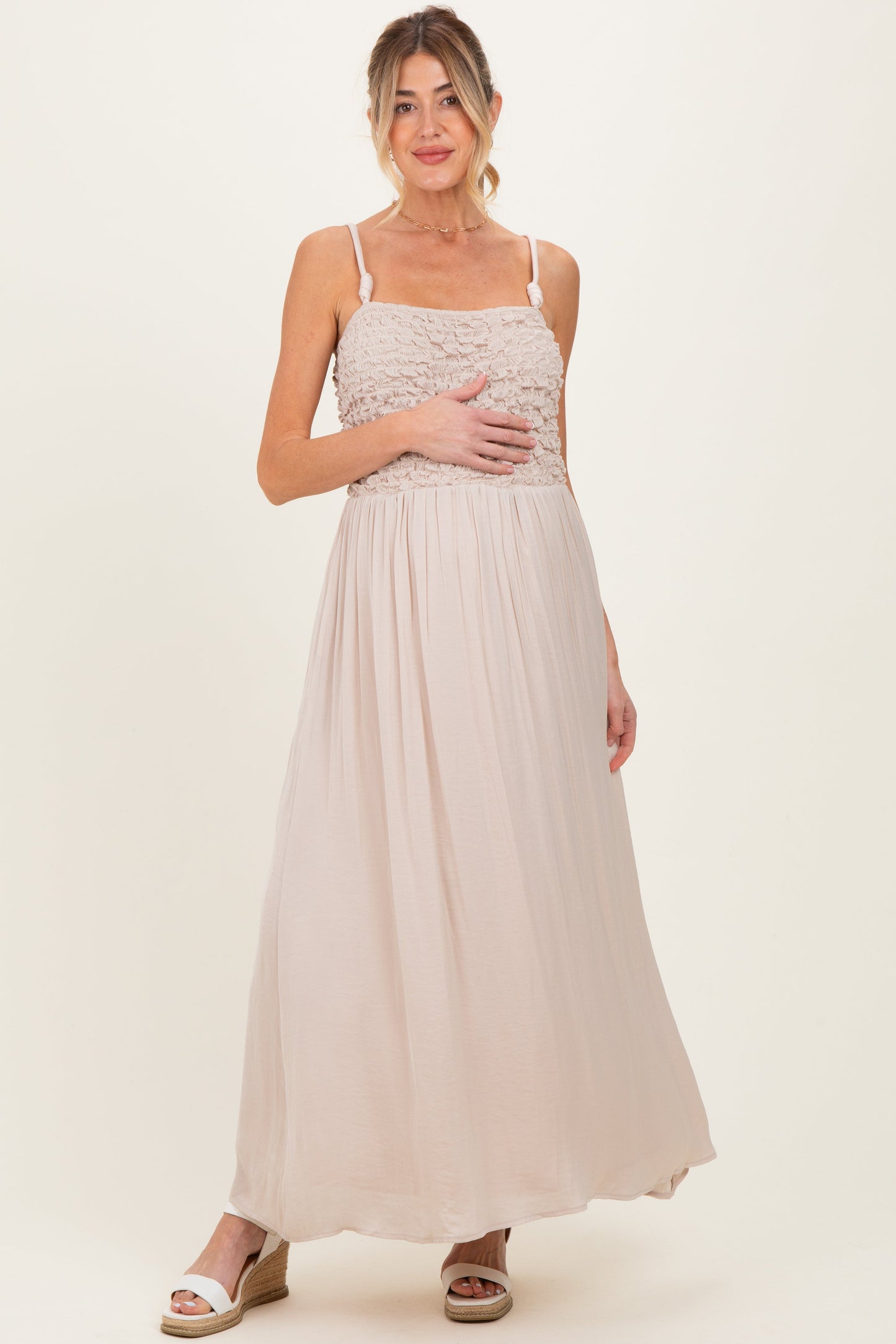 Beige Textured Smocked Maternity Maxi Dress