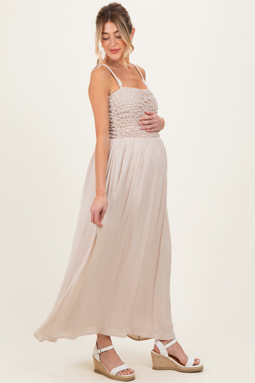 Beige Textured Smocked Maternity Maxi Dress