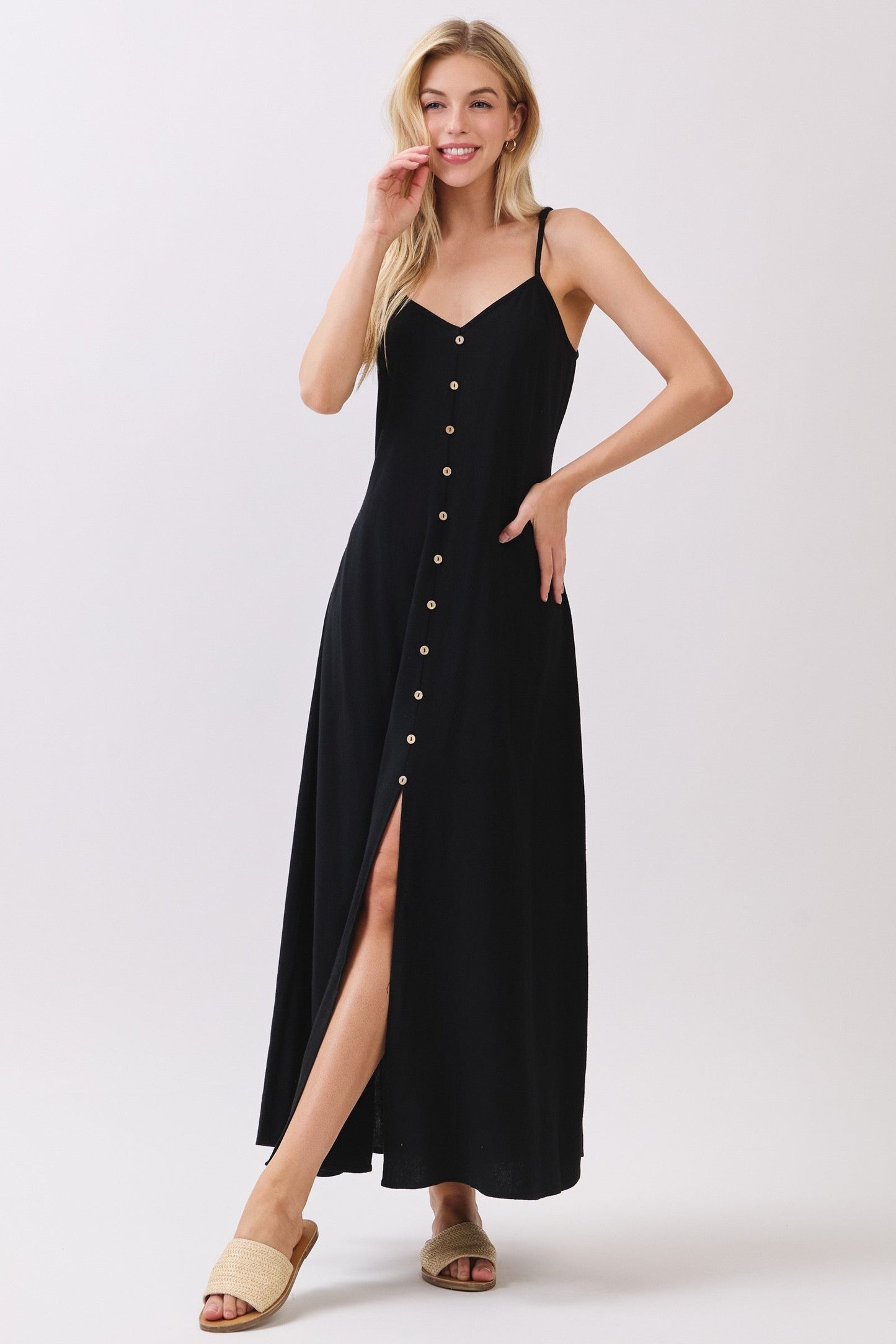 Black Button Accent Midi Dress