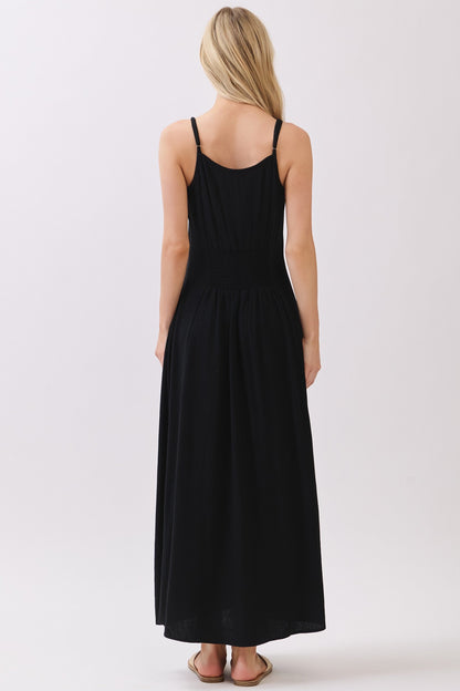 Black Button Accent Midi Dress