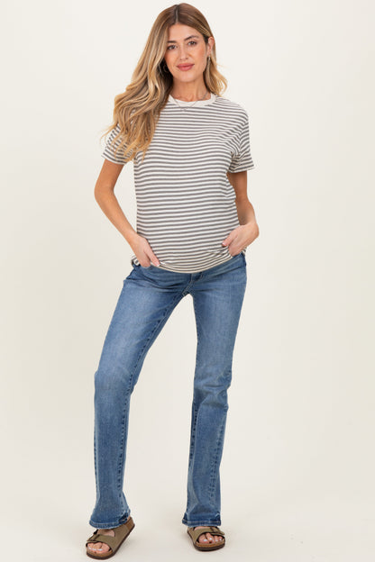 Beige/Black Short Sleeve Round Neck Stripe Maternity Tee