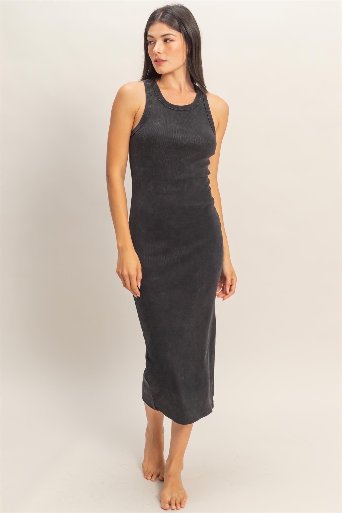 Black Acid Washed Ribbed Maternity Midi Tank Dress