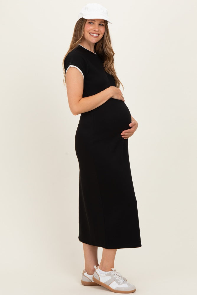 Black Contrast Trim Short Sleeve Maternity Midi Dress