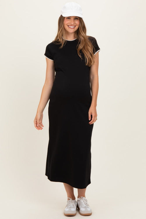 Black Contrast Trim Short Sleeve Maternity Midi Dress