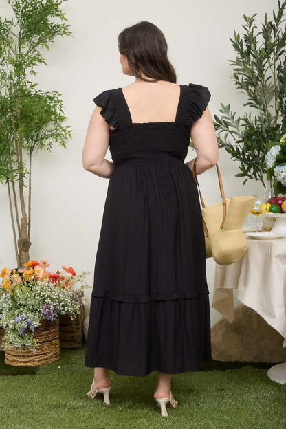 Black Button Accent Smocked Plus Midi Dress