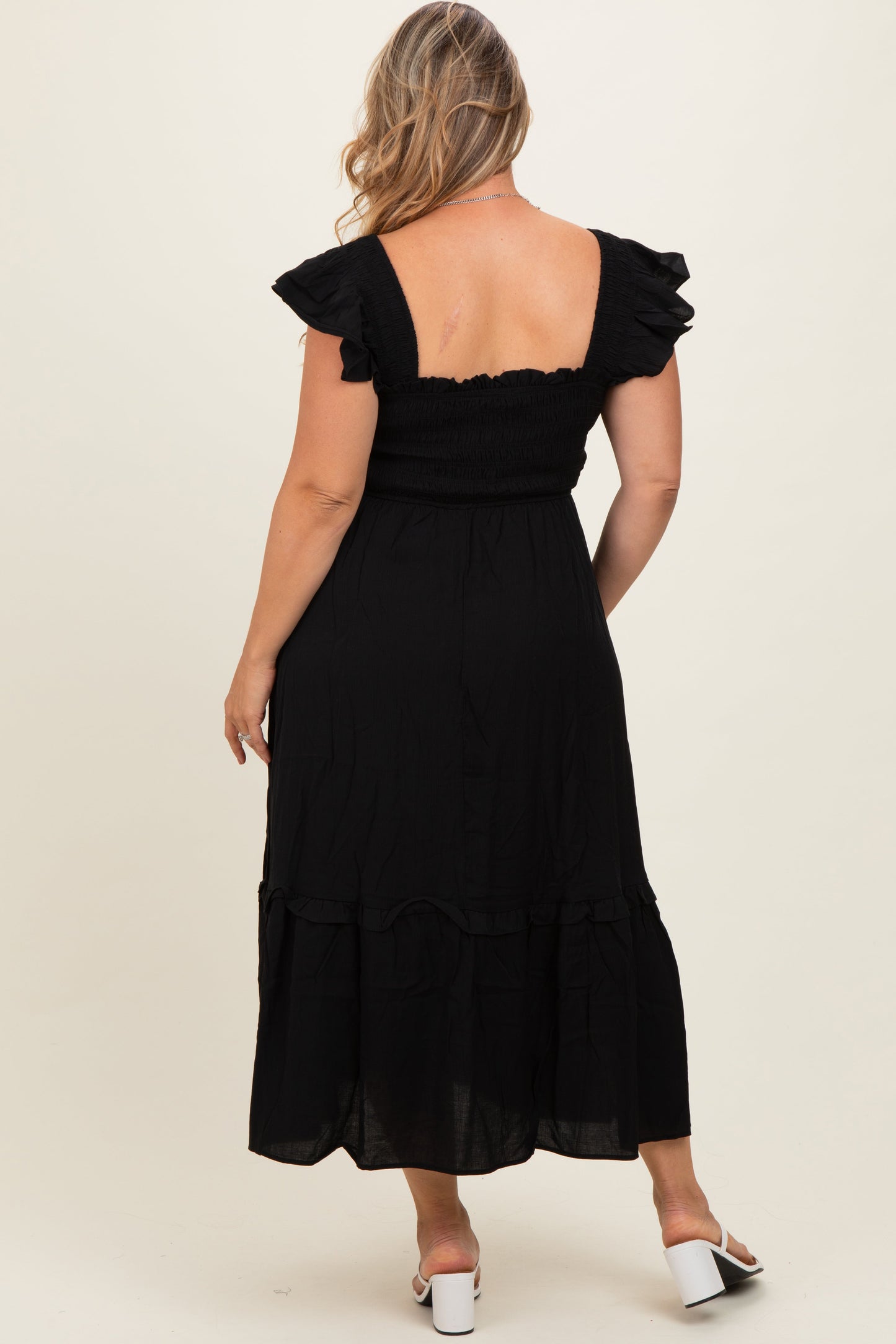 Black Button Accent Smocked Maternity Plus Midi Dress