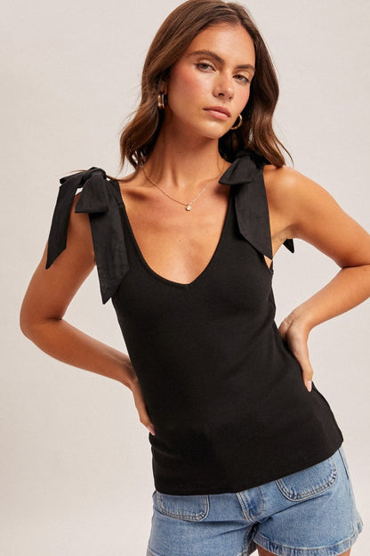 Black Bow Tie Detail Sleeveless V Neck Ribbed Maternity Top