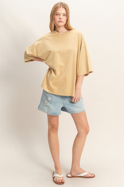 Beige Washed Oversized Crew Neck Top