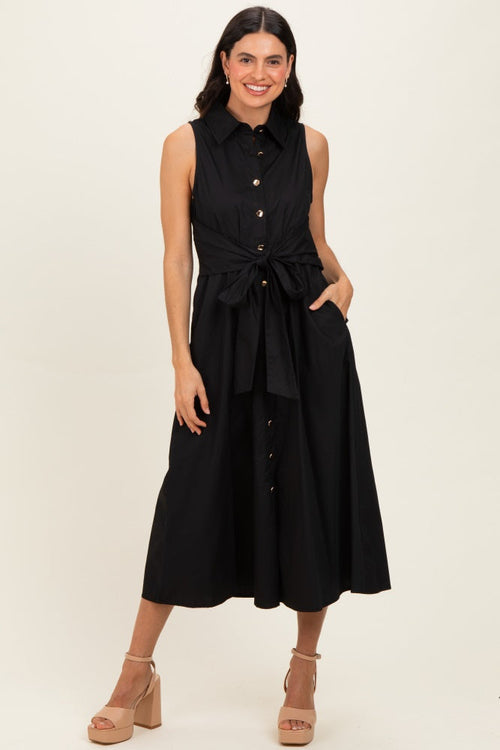 Black Button Up Sleeveless Midi Dress