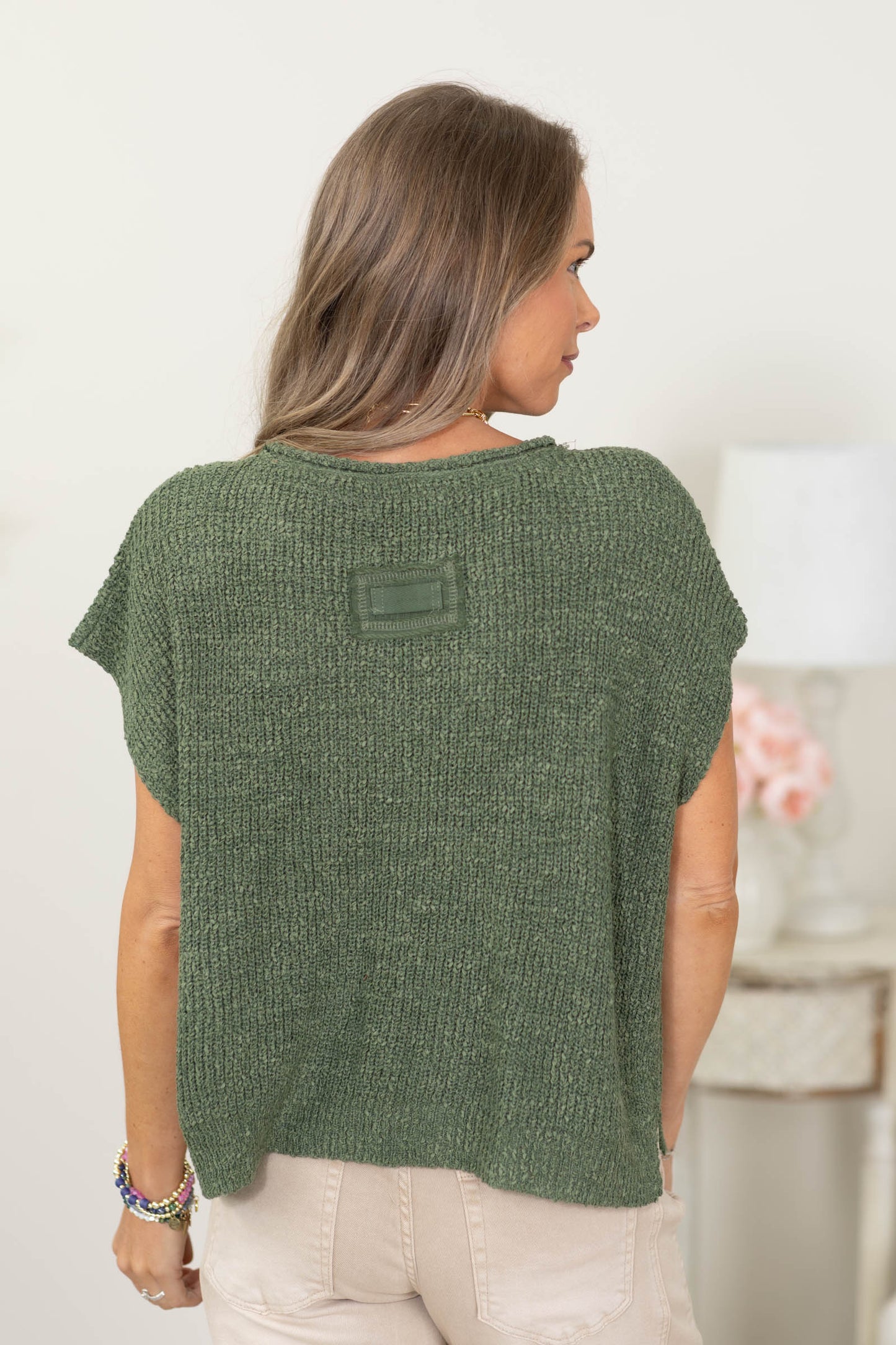Back Patch Rolled Split Neck Side Slit Knit Top