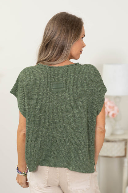 Back Patch Rolled Split Neck Side Slit Knit Top