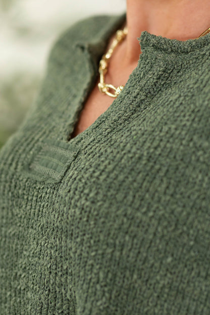 Back Patch Rolled Split Neck Side Slit Knit Top