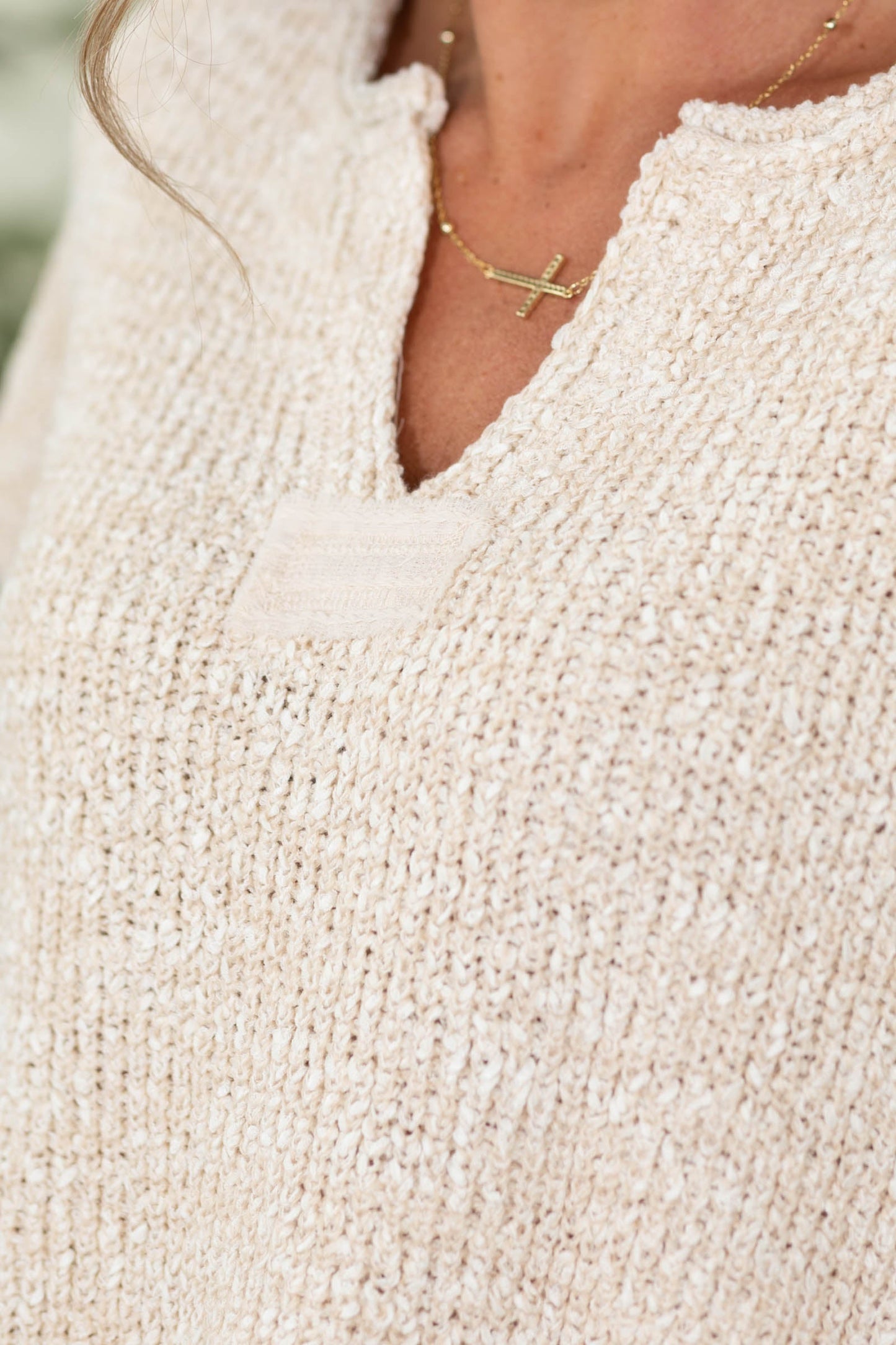 Back Patch Rolled Split Neck Side Slit Knit Top