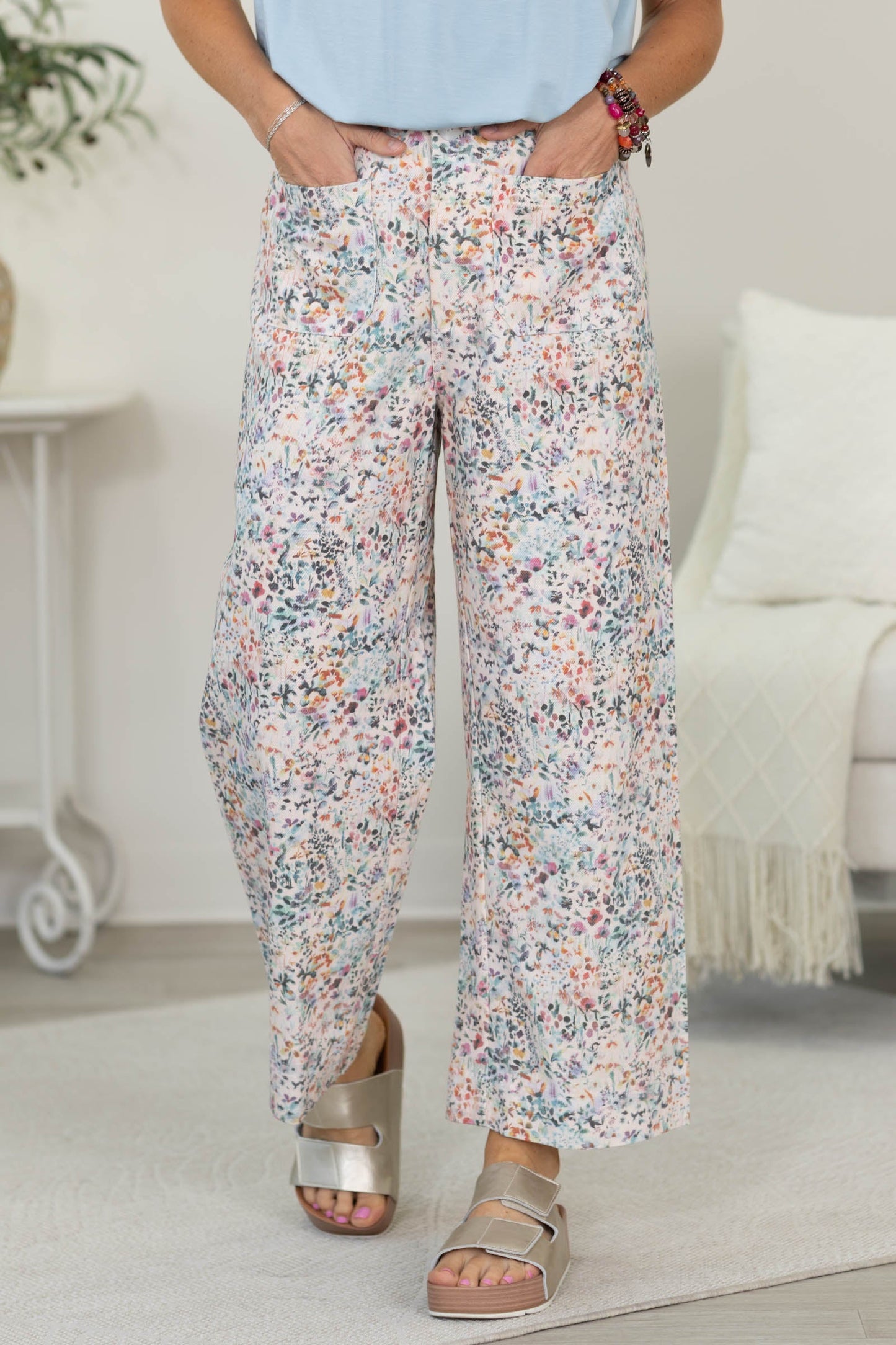 Blush Wide Leg Floral Print Pants