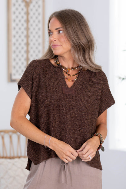 Back Patch Rolled Split Neck Knit Top