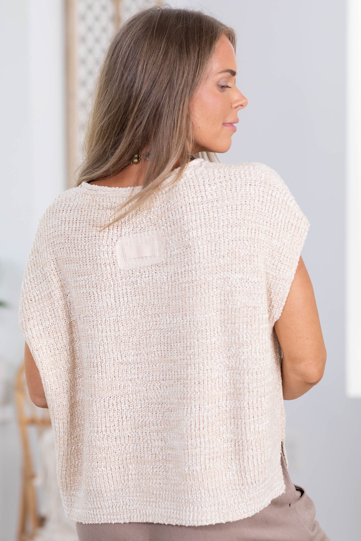 Back Patch Rolled Split Neck Knit Top