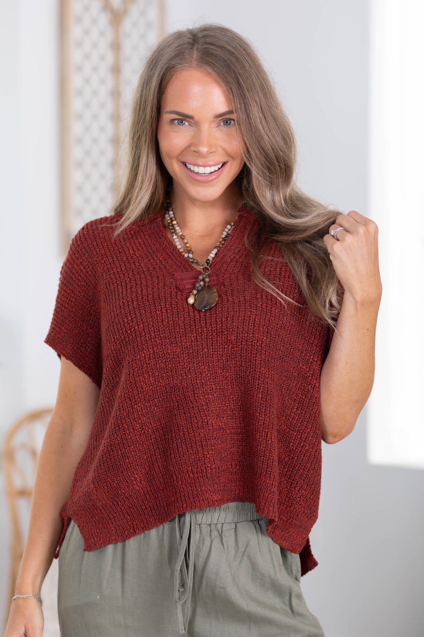 Back Patch Rolled Split Neck Knit Top