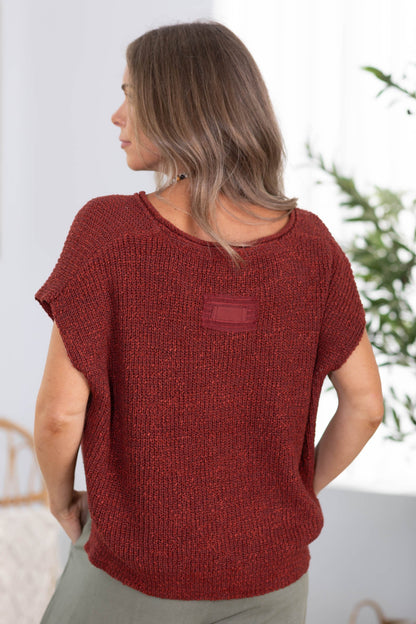 Back Patch Rolled Split Neck Knit Top